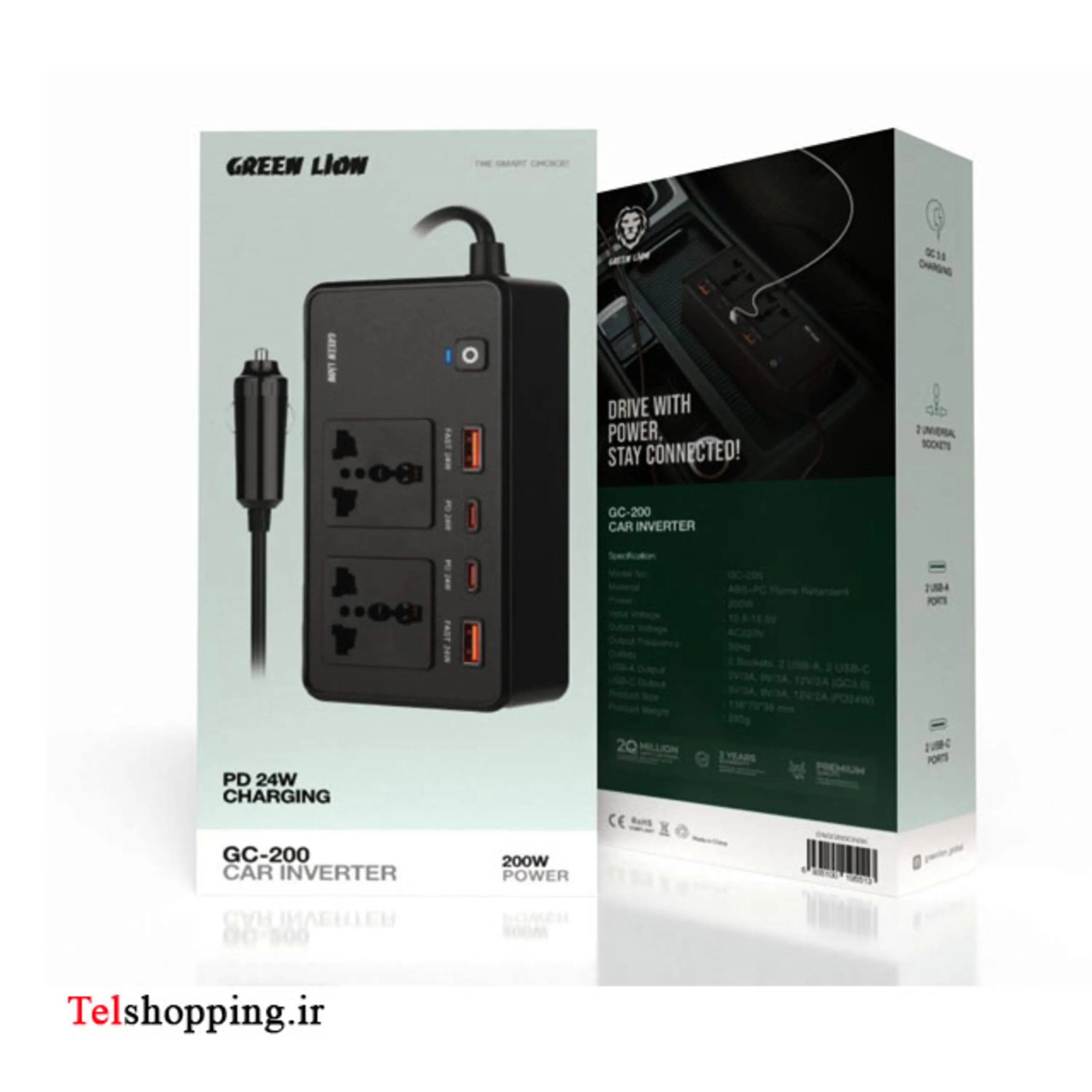 اینورتر و مبدل برق فندکی ماشین 200 وات گرین لاین